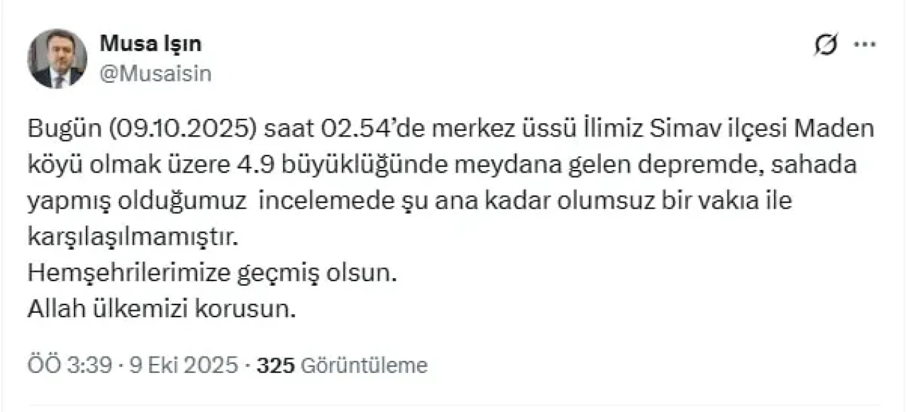 Kütahya Valisi Işın: Simav'daki depremde olumsuz durum yok, saha çalışmaları sürüyor