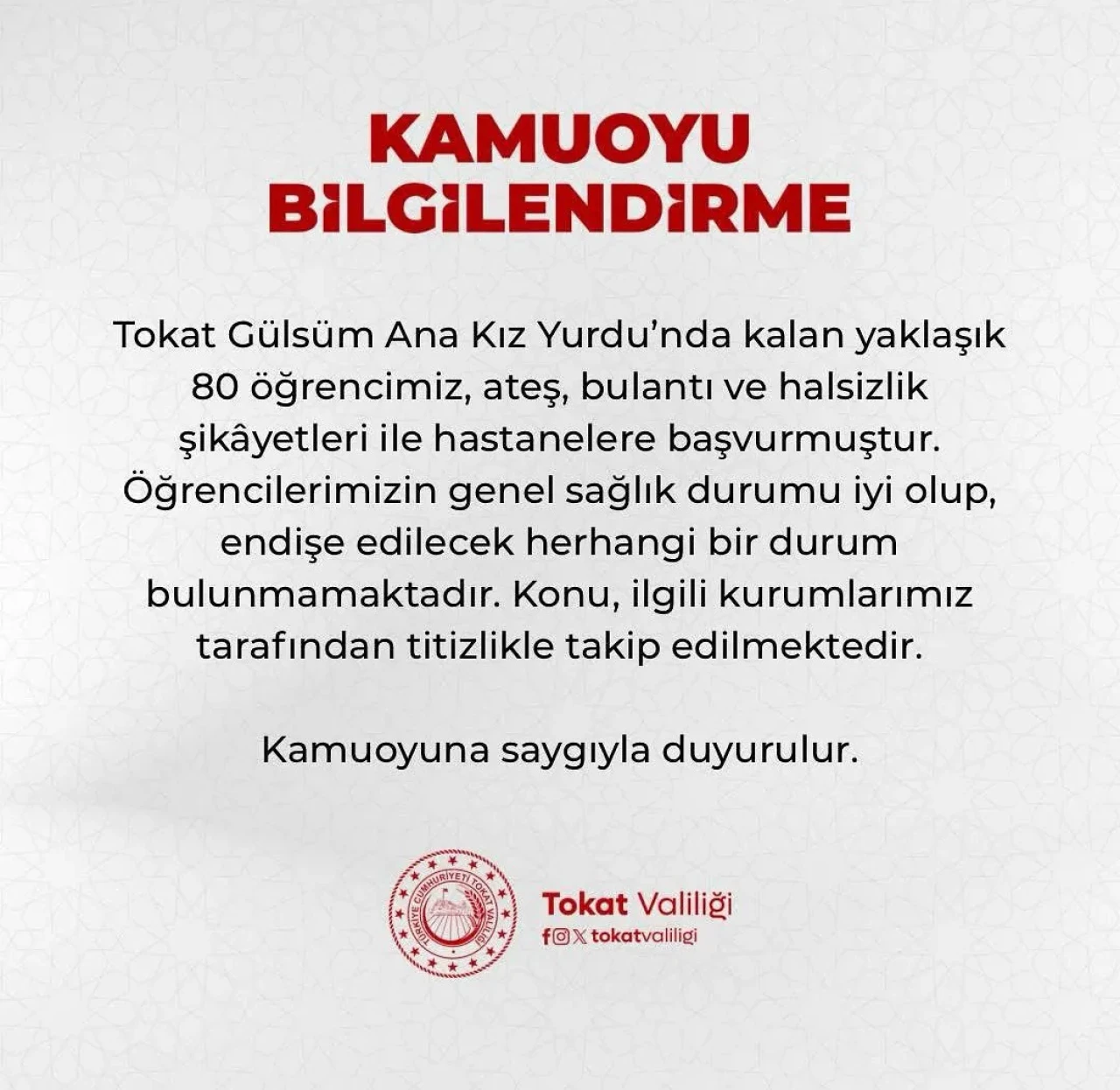 Tokat’ta KYK Yurdunda 80 Öğrenci Gıda Zehirlenmesi Şüphesiyle Hastaneye Başvurdu