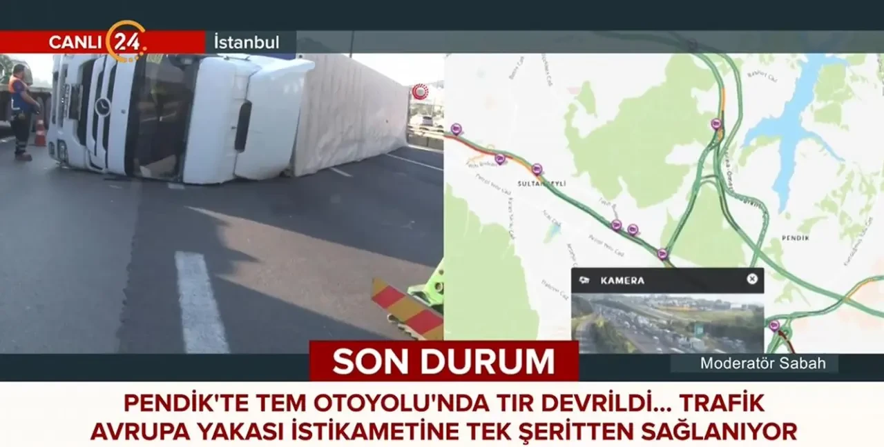 Tüp yüklü tır TEM Otoyolu'nda devrildi, sürücü tedavi edildi