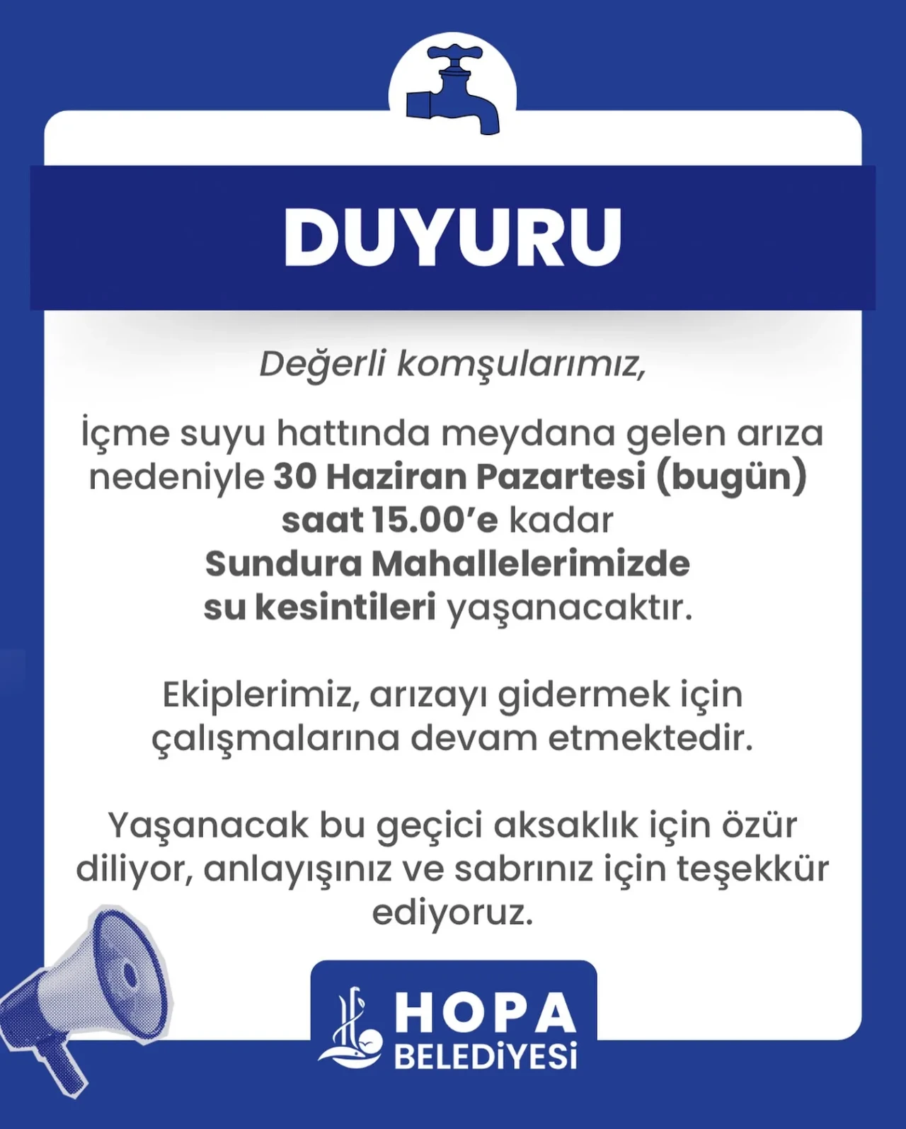 Hopa'da su kesintisi! Sundura Mahalleleri için geçici arıza onarımı sürüyor.