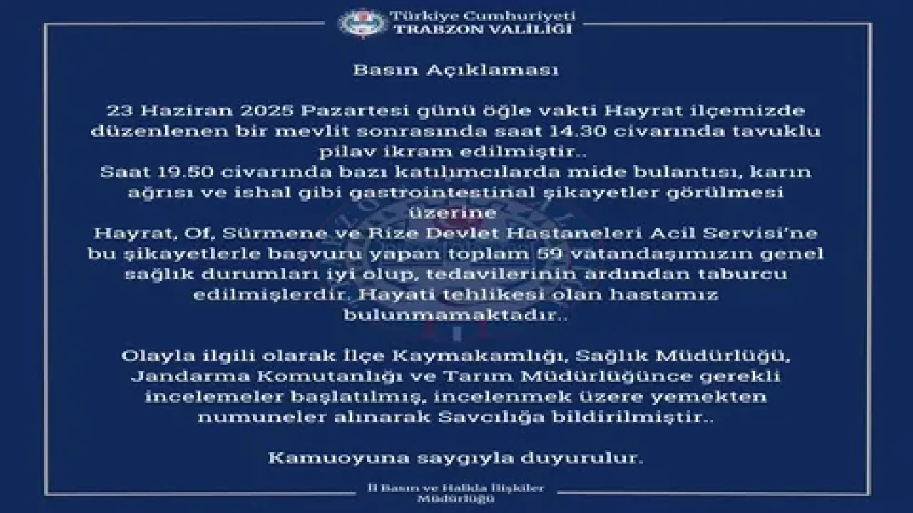 Trabzon'da mevlit sonrası tavuk-pilav yiyen 59 kişi gıda zehirlenmesi şüphesiyle hastaneye kaldırıldı