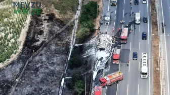 Kuzey Marmara Otoyolu'nda Lastik Yükleyen Tır Alevlere Teslim Oldu, Yangın Tarım Arazisini Tehdit Etti