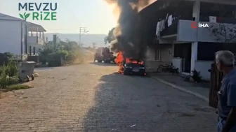 Evin önündeki otomobil alev aldı: Balkonda asılı olan çamaşırları tutuşturdu