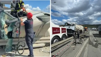 Bariyerler Arasında Devrilen Beton Mikseri, Sürücüyü Kabinde Mahsur Bıraktı!