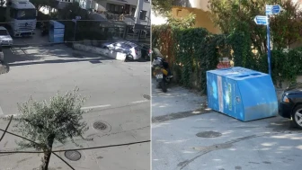 Bursa'da dar sokakta manevra yapan tır giysi toplama kutusunu ezdi geçti, o anlar kamerada