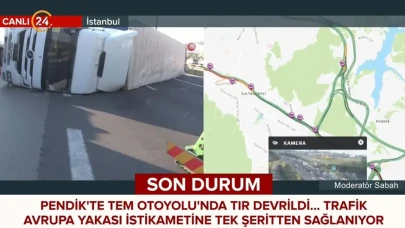 Tüp yüklü tır TEM Otoyolu'nda devrildi, sürücü tedavi edildi