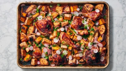 Fırın tepsisinde közlenmiş sebzelerle Gochujang’lı tavuk