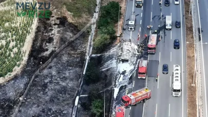 Kuzey Marmara Otoyolu'nda Lastik Yükleyen Tır Alevlere Teslim Oldu, Yangın Tarım Arazisini Tehdit Etti