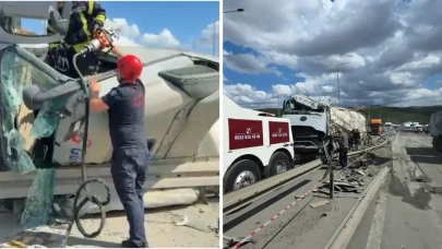 Bariyerler Arasında Devrilen Beton Mikseri, Sürücüyü Kabinde Mahsur Bıraktı!