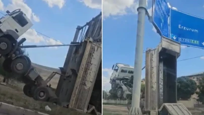 Erzurum'da Kamyonun Baş Üstü Levhaya Çarpması Sonucu Araç Yükseldi!