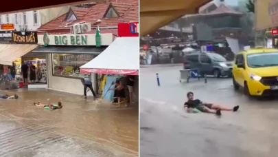 Fethiye'de sel sularında şişme yatakla yüzdüler