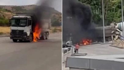 Elazığ’da kamyon alev aldı: Beton mikseri söndürdü