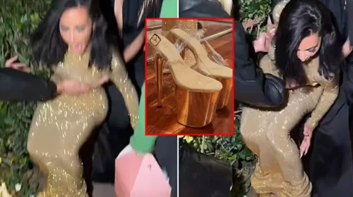 Kim Kardashian, devasa topuklu ayakkabılarıyla meydana geldi! Kaza anı herkesi şaşırttı!
