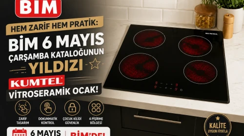 Zarafeti ve pratikliği bir arada sunan Kumtel Vitroseramik Ocak, BİM'in 6 Mayıs Çarşamba kataloğunda öne çıkıyor!