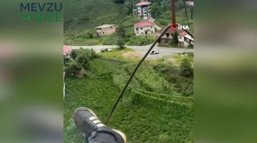 Rize'de kendi imkanlarıyla yaptığı teleferikteki tehlikeli yolculuğunu kayda aldı