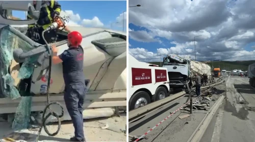 Bariyerler Arasında Devrilen Beton Mikseri, Sürücüyü Kabinde Mahsur Bıraktı!