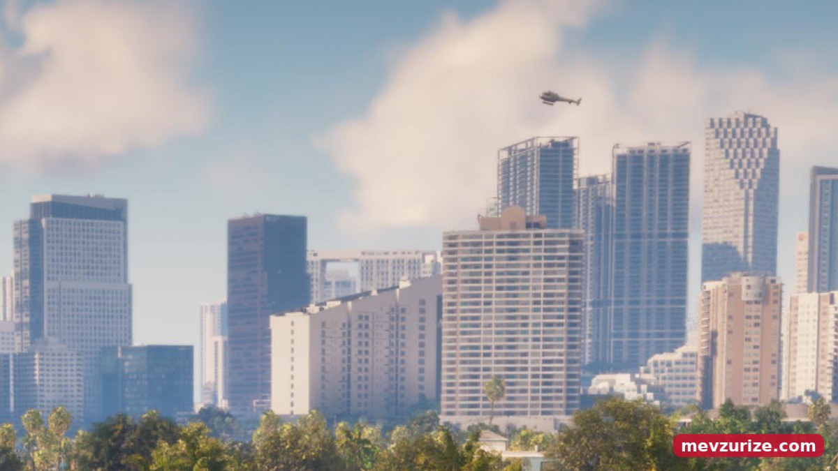 Vice City’nin gökdelenleri ve üzerinde uçan bir helikopter (Rockstar Games)