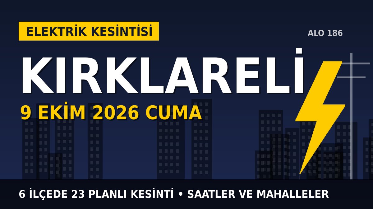 Kırklareli elektrik kesintisi 9 Ekim 2026 Cuma